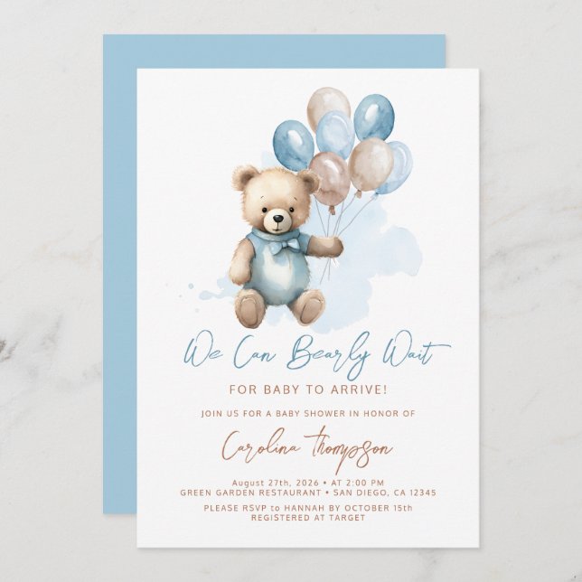 Teddy Bear Balloons Blue Boy Baby Shower  Invitation (Front/Back)