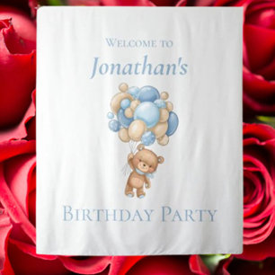 Teddy Bear  Balloons Blue Boy Birthday backdrop Tapestry