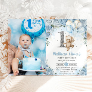 Teddy Bear Balloons Blue Floral 1st Birthday Photo Invitation