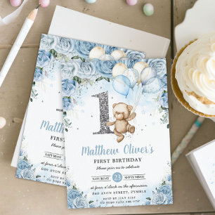 Teddy Bear Balloons Blue Floral First 1st Birthday Invitation