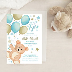 Teddy Bear Balloons Blue Gold Boy Baby Shower Invitation