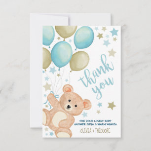 Teddy Bear Balloons Boy Baby Shower Thank You Card