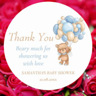 Teddy Bear Balloons Boy Baby Shower Thank You  Classic Round Sticker