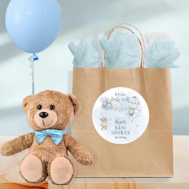 Teddy Bear Balloons Boy Bearly Wait Baby Shower  Classic Round Sticker (Creator Uploaded)
