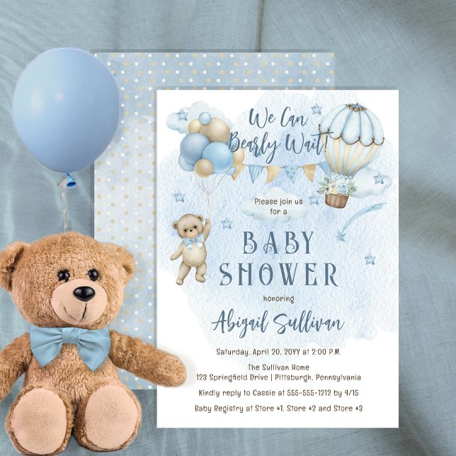Teddy Bear Balloons Boy Bearly Wait Baby Shower Invitation (Creator Uploaded)