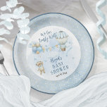 Teddy Bear Balloons Boy Bearly Wait Baby Shower  Paper Plate<br><div class="desc">Cute Baby Shower design featuring a teddy bear with a blue bow-tie hanging on to a bunch of balloons on one side with an air balloon carrying a floral bouquet on the right side. Bunting flags hang between the two balloons. Clouds and stars on a blue watercolor background round out...</div>