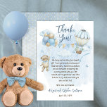 Teddy Bear Balloons Boy Bearly Wait Baby Shower Thank You Card<br><div class="desc">Cute Baby Shower design featuring a teddy bear with a blue bow-tie hanging on to a bunch of balloons on one side with an air balloon carrying a floral bouquet on the right side. Bunting flags hang between the two balloons supporting the words "Thank You!" Clouds and stars on a...</div>