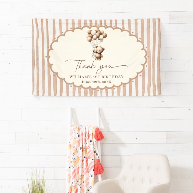 Teddy Bear Balloons Brown Stripes Birthday Banner (Insitu)