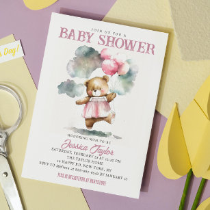 Teddy Bear Balloons Clouds Girly Baby Shower  Invitation