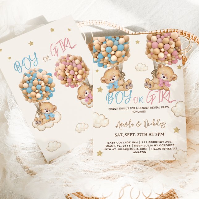 Teddy Bear Balloons Clouds & Stars Gender Reveal Invitation (Creator Uploaded)