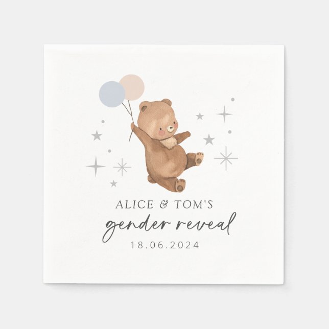 Teddy Bear Balloons Gender Reveal Napkin (Front)