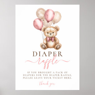 Teddy Bear Balloons Girl Baby Shower Diaper Raffle Poster