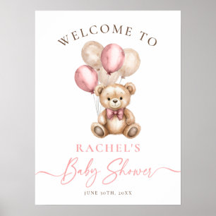 Teddy Bear Balloons Girl Baby Shower Welcome Poster