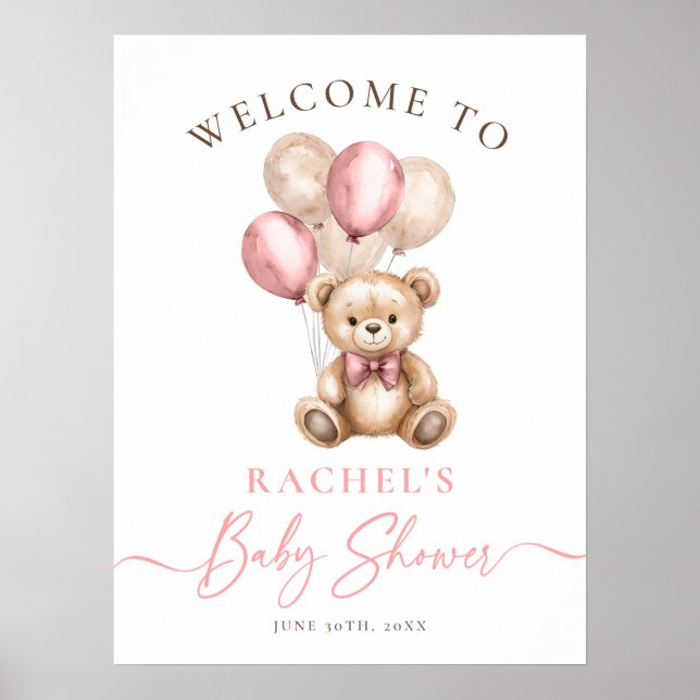 Teddy Bear Balloons Girl Baby Shower Welcome Poster (Front)