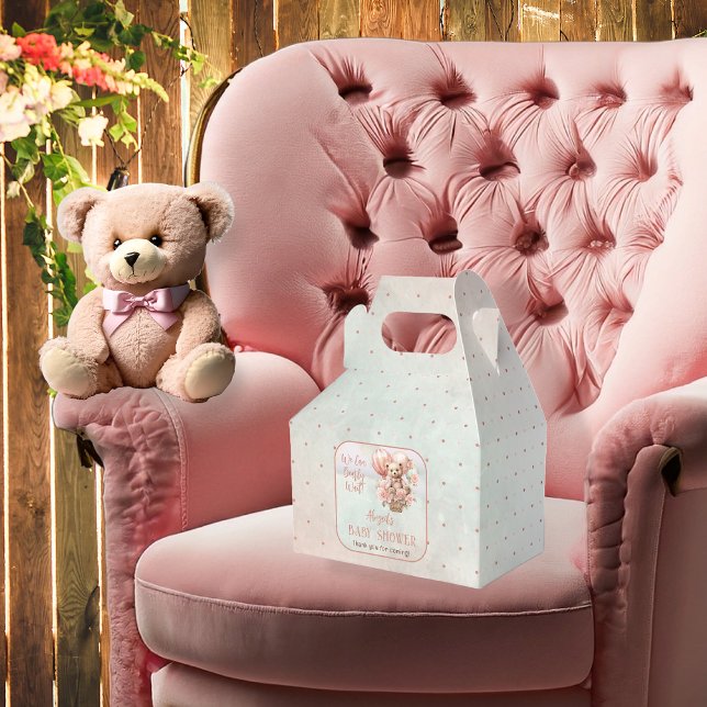 Teddy Bear Balloons Girl Bearly Wait Baby Shower Favour Box (Teddy Bear and Pink Hot Air Balloons with Flowers "We Can Bearly Wait" Baby Shower Favor Box)