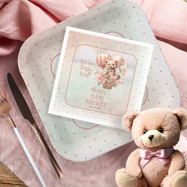 Teddy Bear Balloons Girl Bearly Wait Baby Shower Napkin (Teddy Bear Hot Air Balloon | Pink Flowers "Bearly Wait" Girl Baby Shower Paper Napkins)
