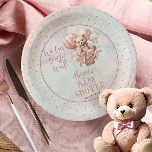 Teddy Bear Balloons Girl Bearly Wait Baby Shower Paper Plate