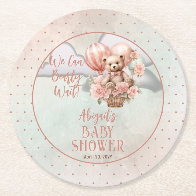 Teddy Bear Balloons Girl Bearly Wait Baby Shower Round Paper Coaster (Front)