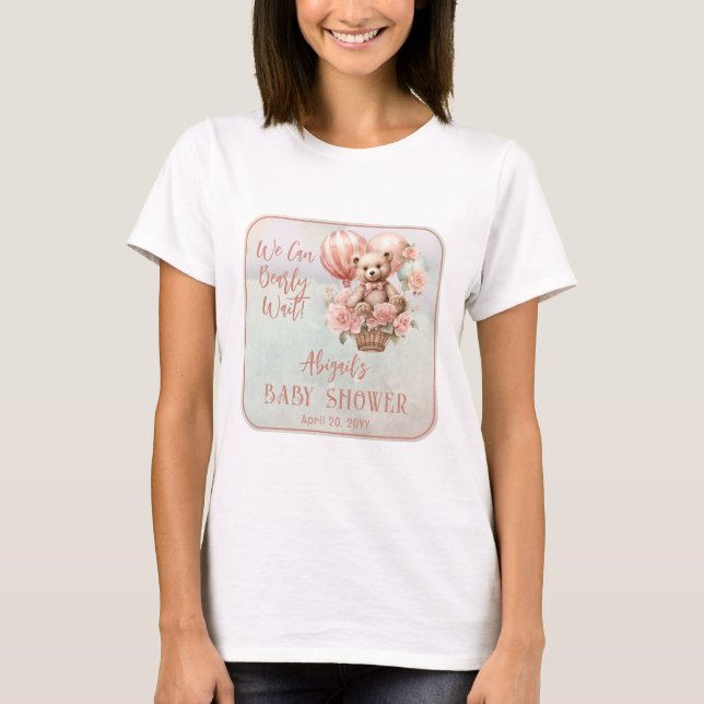 Teddy Bear Balloons Girl Bearly Wait Baby Shower T-Shirt (Front)