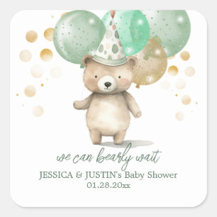 Teddy Bear Balloons Green Gold Baby Shower Square Sticker