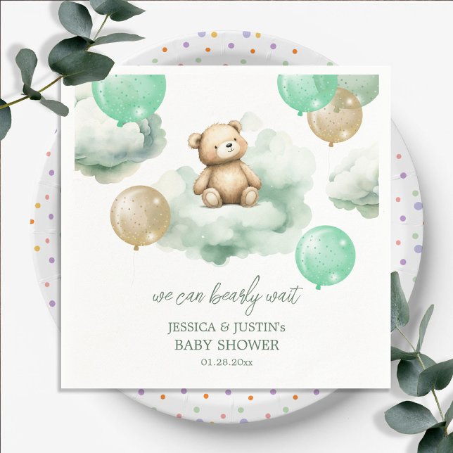 Teddy Bear Balloons Green Gold Sky Baby Shower Napkin (Creator Uploaded)