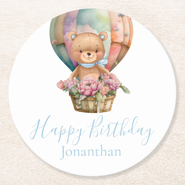 Teddy Bear Balloons Happy Birthday  Round Paper Coaster (Front)