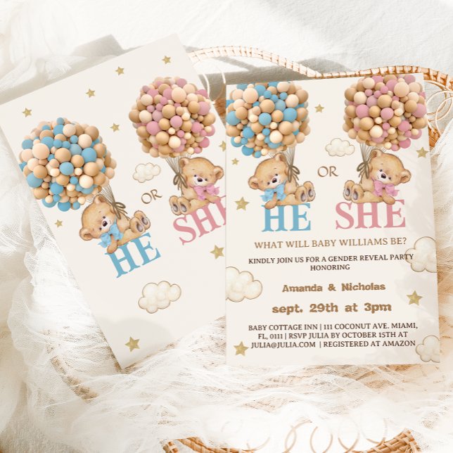 Teddy bear Balloons He or She Gender Reveal Invitation (Creator Uploaded)