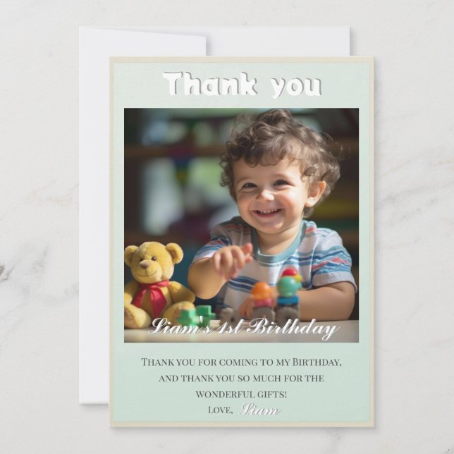 Teddy Bear Balloons Kids Photo Birthday Thank You Card (Front)