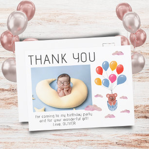 Teddy Bear Balloons Kids Photo Birthday Thank You Postcard