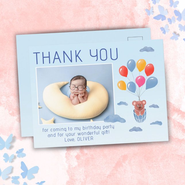 Teddy Bear Balloons Kids Photo Birthday Thank You Postcard (Creator Uploaded)