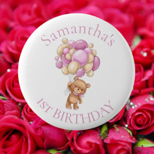 Teddy Bear  Balloons Pink 1st Birthday  6 Cm Round Badge
