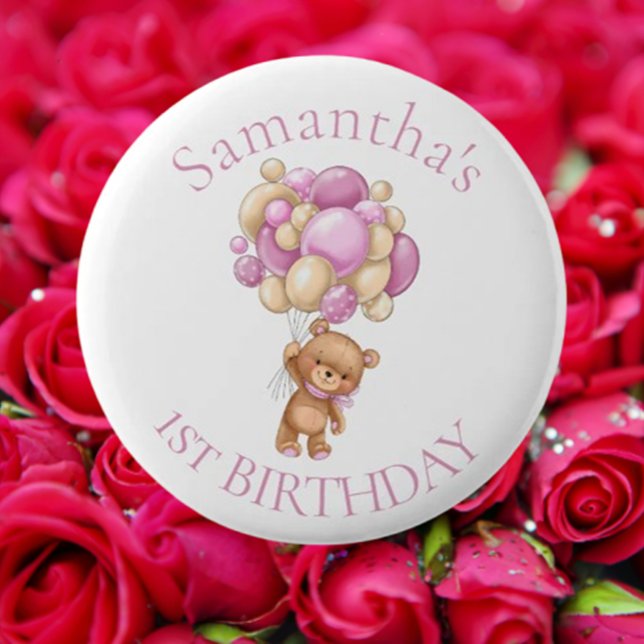 Teddy Bear  Balloons Pink 1st Birthday  6 Cm Round Badge (Celebrate your favorite bear's birthday in style! )