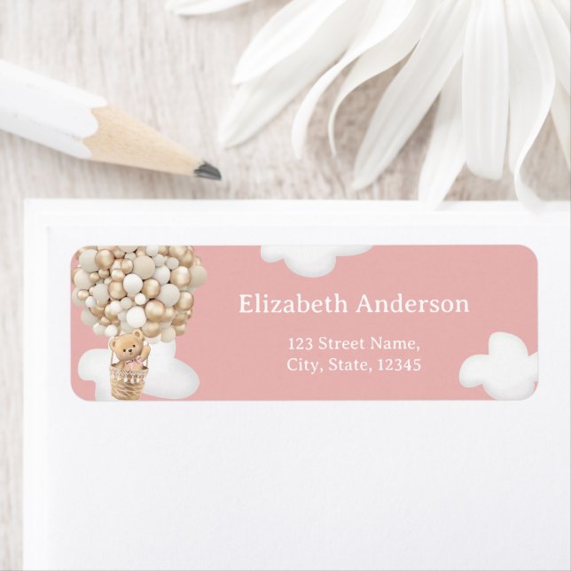 Teddy Bear Balloons Pink Baby Shower Label (Insitu)
