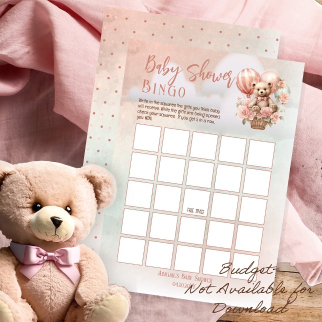 Teddy Bear Balloons Pink Girl Baby Shower Bingo (Teddy Bear in a Hot Air Balloon -- Pink Flowers Girl Baby Shower Bingo Game Board -Budget Print Only)
