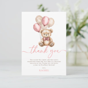Teddy Bear Balloons Pink Girl Baby Shower Thank You Card