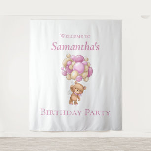 Teddy Bear  Balloons Pink Girl Birthday backdrop Tapestry