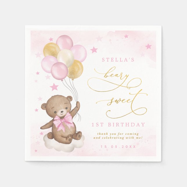 Teddy Bear Balloons Pink Gold Stars Birthday Napkin (Front)