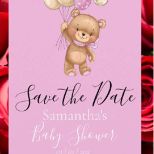 Teddy Bear Balloons Pink the Date Postcard