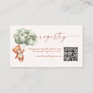 Teddy Bear Balloons Sage Green QR Code Registry Enclosure Card