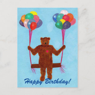 Teddy Bear Balloons Swing Happy Birthday Postcards