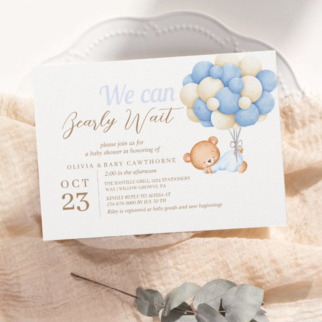  Teddy Bear Balloons Watercolor Baby Boy Shower Invitation (Creator Uploaded)