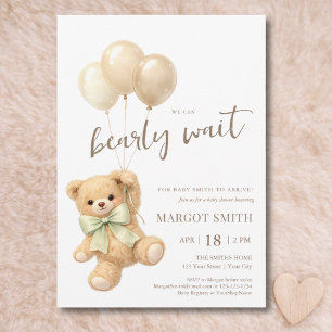 Teddy Bear Balloons We Can Bearly Wait Baby Shower Invitation