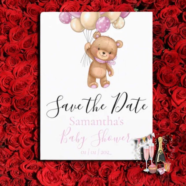 Teddy Bear Balloons White the Date Postcard (Pretty Watercolor Flowers Garden Baby Shower Invitation)