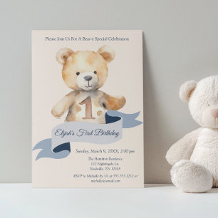 Teddy Bear Banner Boys First Birthday Invitation
