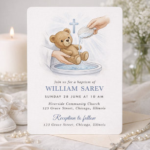 Teddy Bear Baptism Blue Watercolour Christening Invitation