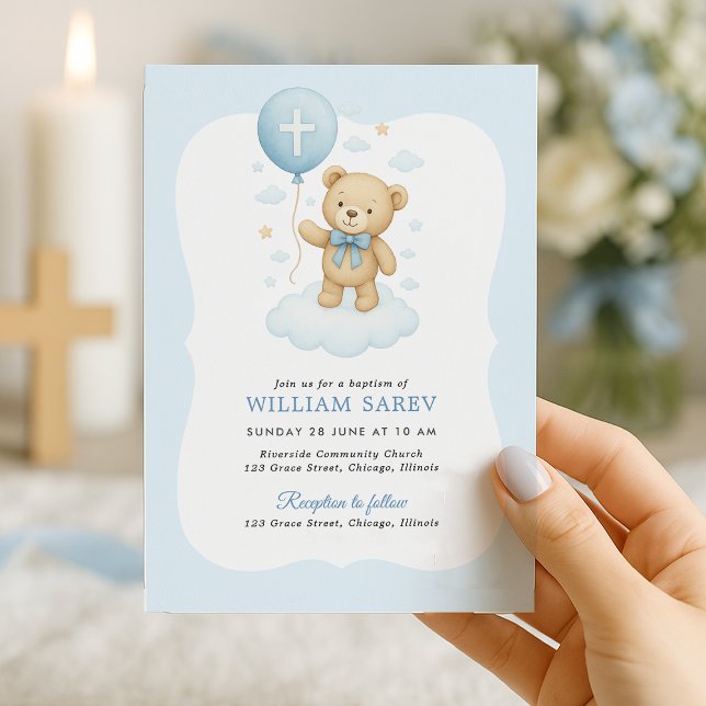  Teddy Bear Baptism Invitation for Boy (Sweet teddy bear baptism invite with cross balloon – hand-held design for baby boy celebration)