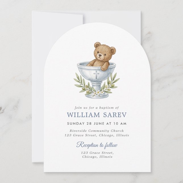 Teddy Bear Baptism White Arch Invitation (Front)