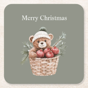 Teddy Bear Basket Pomegranates Christmas Square Paper Coaster