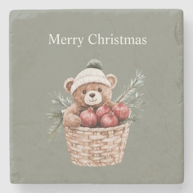 Teddy Bear Basket Pomegranates Christmas Stone Coaster (Front)