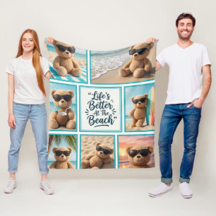 Teddy Bear Beach Blanket, Cute Bear Sunglasses Fleece Blanket